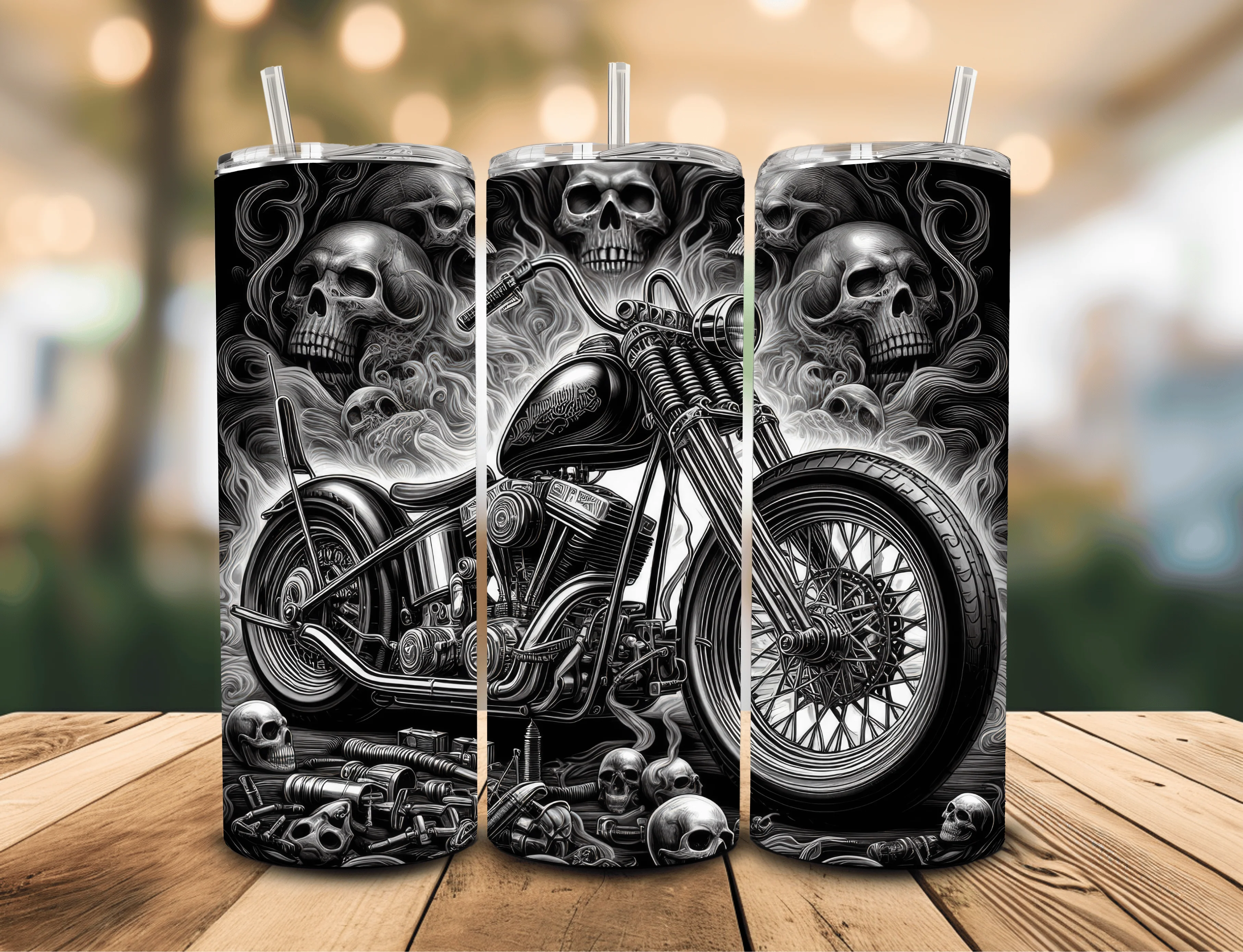 Black & White Skulls Motobike 20 oz Insulated Tumbler